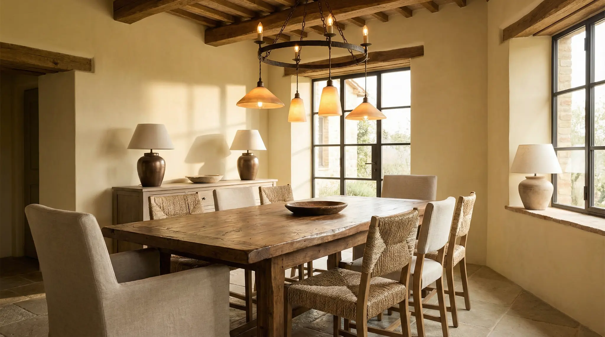 Sala da pranzo con tavolo in legno e travi a vista
