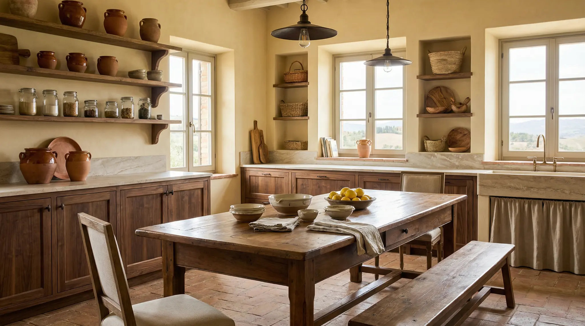Cucina con legno, piano in pietra e cotto