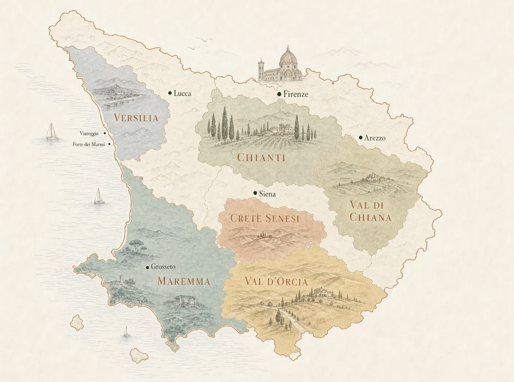 Mappa aree operative ristrutturazioni di pregio in Toscana: Argentario, Val d'Orcia, Chianti, Versilia, Maremma, Crete Senesi